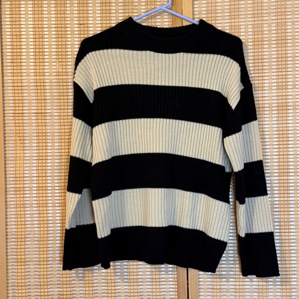 Love For Humanity Couture Striped Ribbed Knit Sweater Black Cream Womens Large